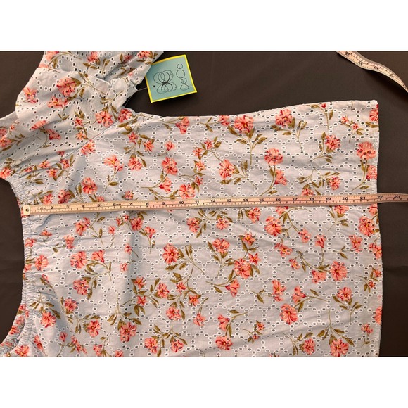 NWT CeCe Blue Floral Eyelet Off Shoulder Ruffle Sleeve Blouse Top Oversize Large - Picture 7 of 7